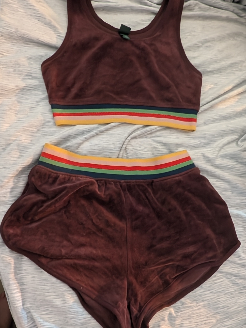 wild fable Burgundy Velour Coord Set with Rainbow Stripe Waistband